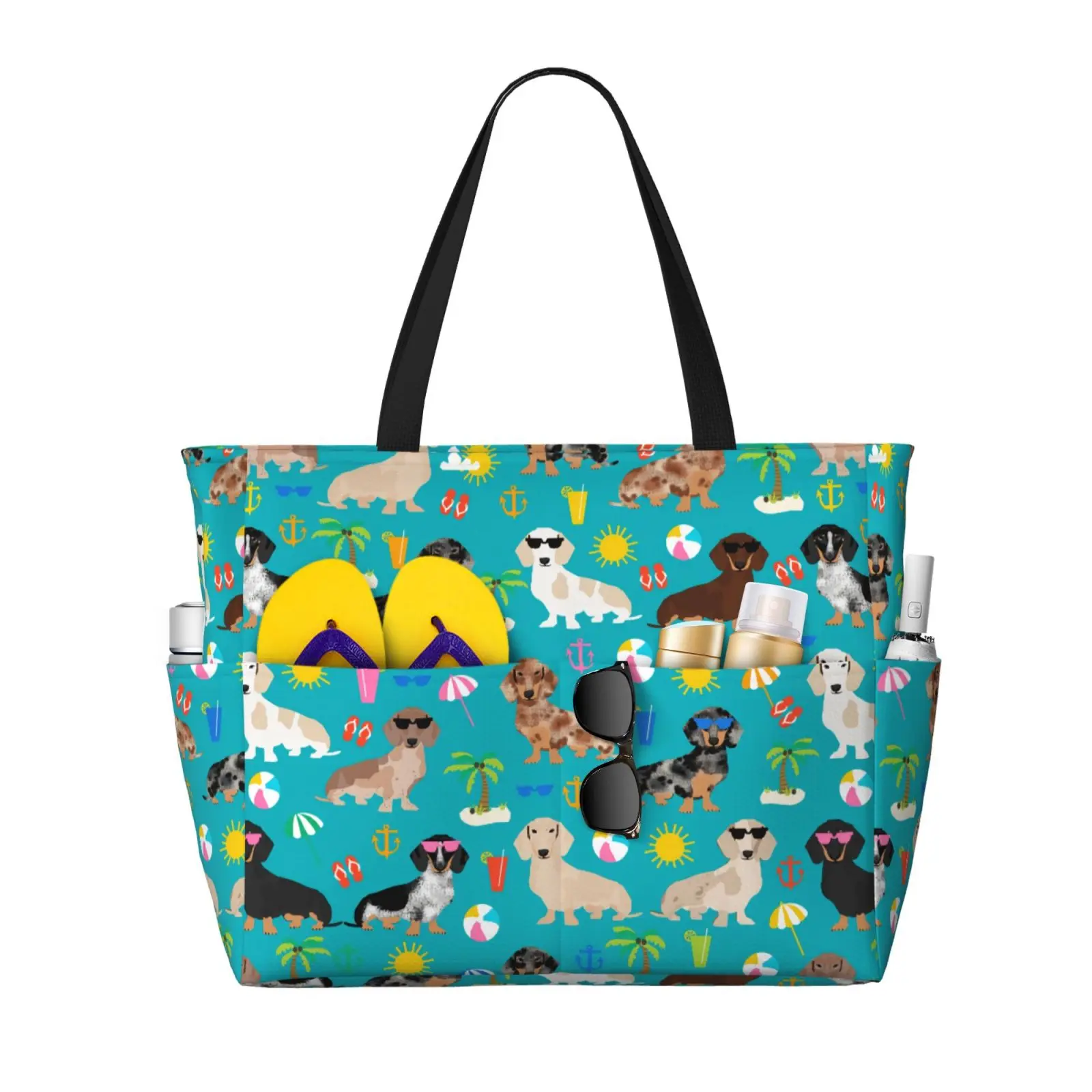 Turquoise Summer Dachshund Beach Print Large Tote Bag Multi Pocket Shoulder Handbag with Side Cup Holders for Dog Lovers