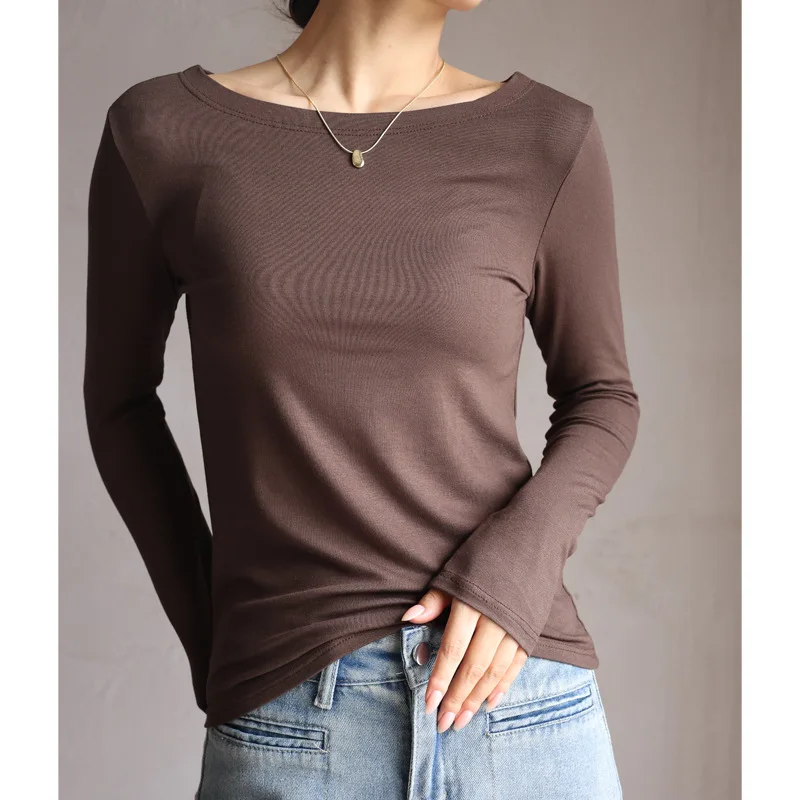 Autumn Women\'s T-Shirts Modal Layering Tops Solid Color Sexy Slash Neck Slim Classic Elegant Korea Winter Female Blouse C5401