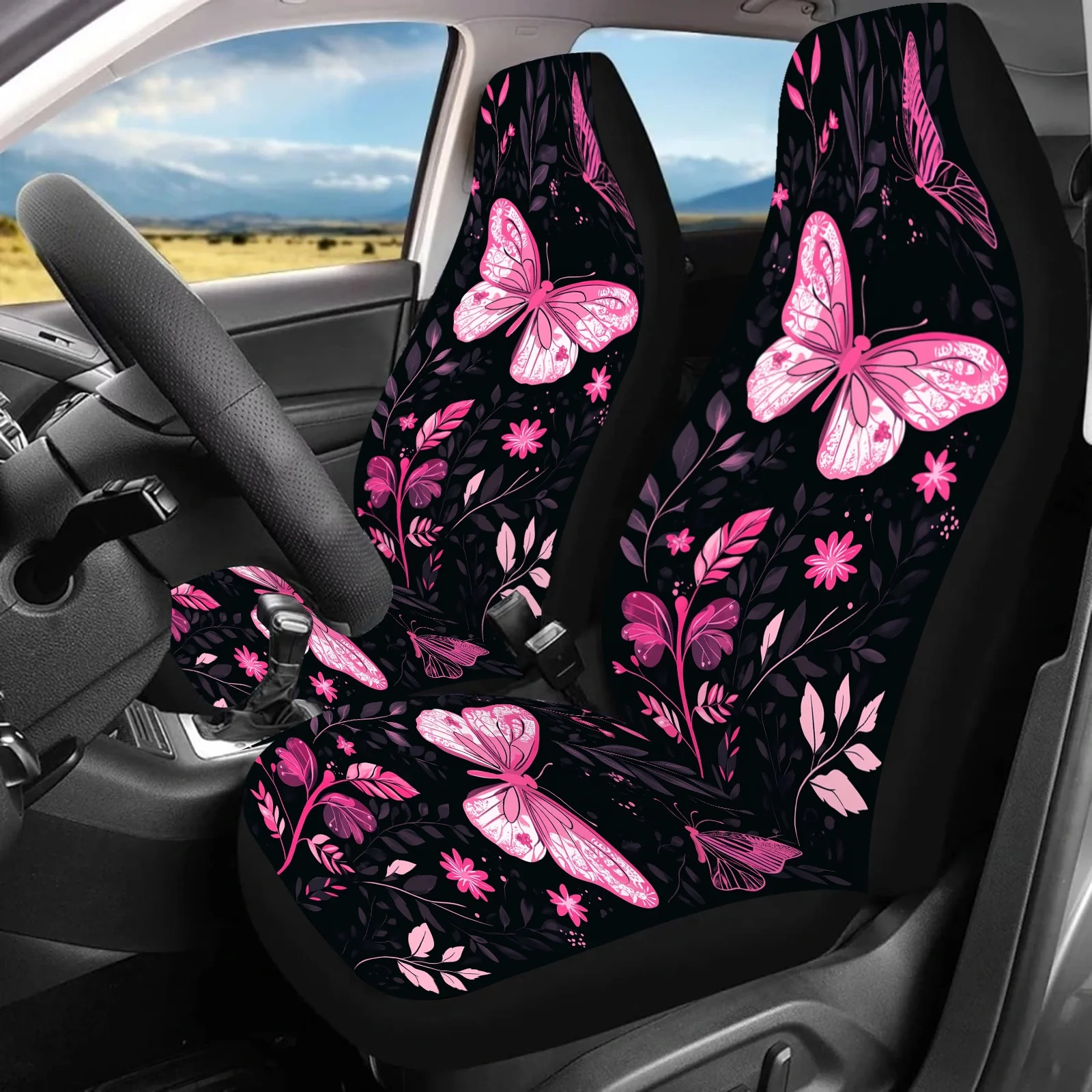 

2 шт. чехлы на автомобильные сиденья с розовым цветочным принтом и бабочкой — подходят для автомобилей, внедорожников, грузовиков, мягкая пенопластовая подкладка, стильные защитные чехлы на передние сиденья