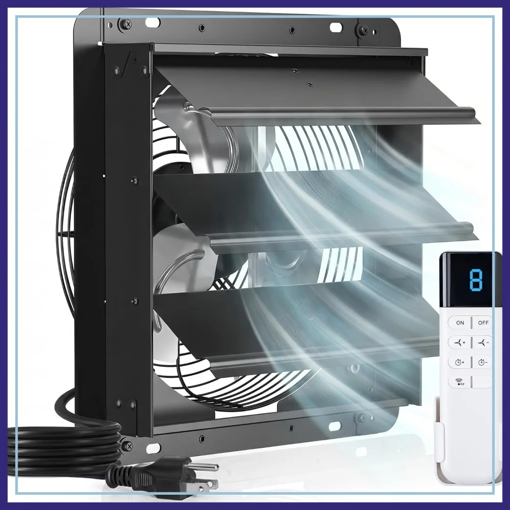 

12-Inch Shutter Exhaust Fan with Remote, 8 Speeds, 25W DC Motor, 1200CFM, 8-Hour Timer, Low Noise, Plug & Play for Garage Greenhouse Attic