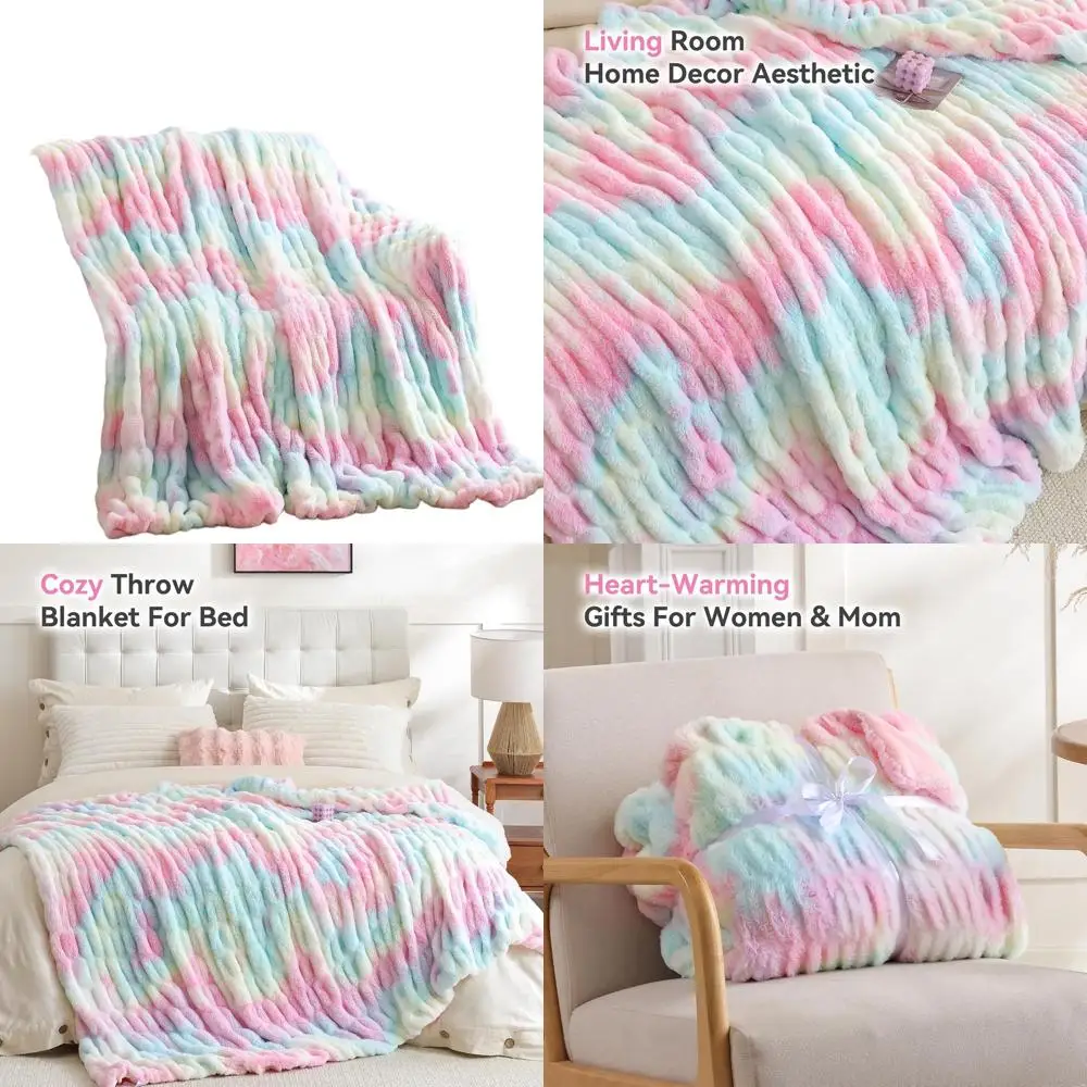 

Cozy Plush Rainbow Throw Blanket - Soft Faux Rabbit Fur Fleece, 60x80 for Sofa, Bed, Office, Women's Gift, Home Decor