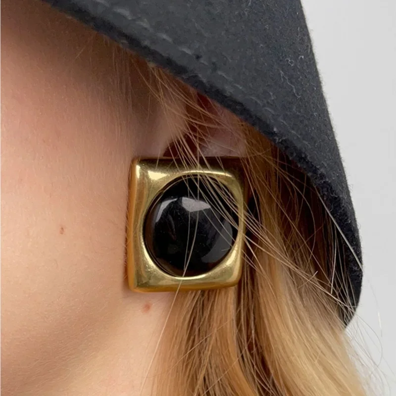 Retro Black Simple Square Stud Earrings for Women Medieval Gold Exaggerate Piercing Jewelry Travel Gifts