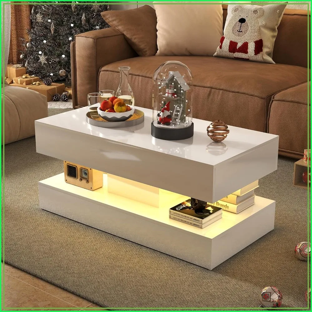 Verano Garden Modern High Gloss LED Coffee Table, 2-Tier Center Table