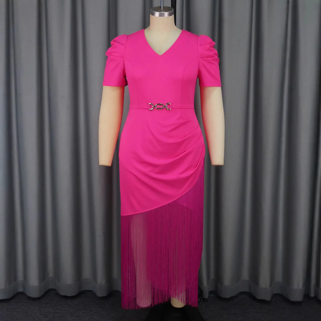Plus Size Tassels V Neck Elegant Dress Female Casual Chubby Vestido Fashion Fringed Clothing 2025 Spring Women Party Dress