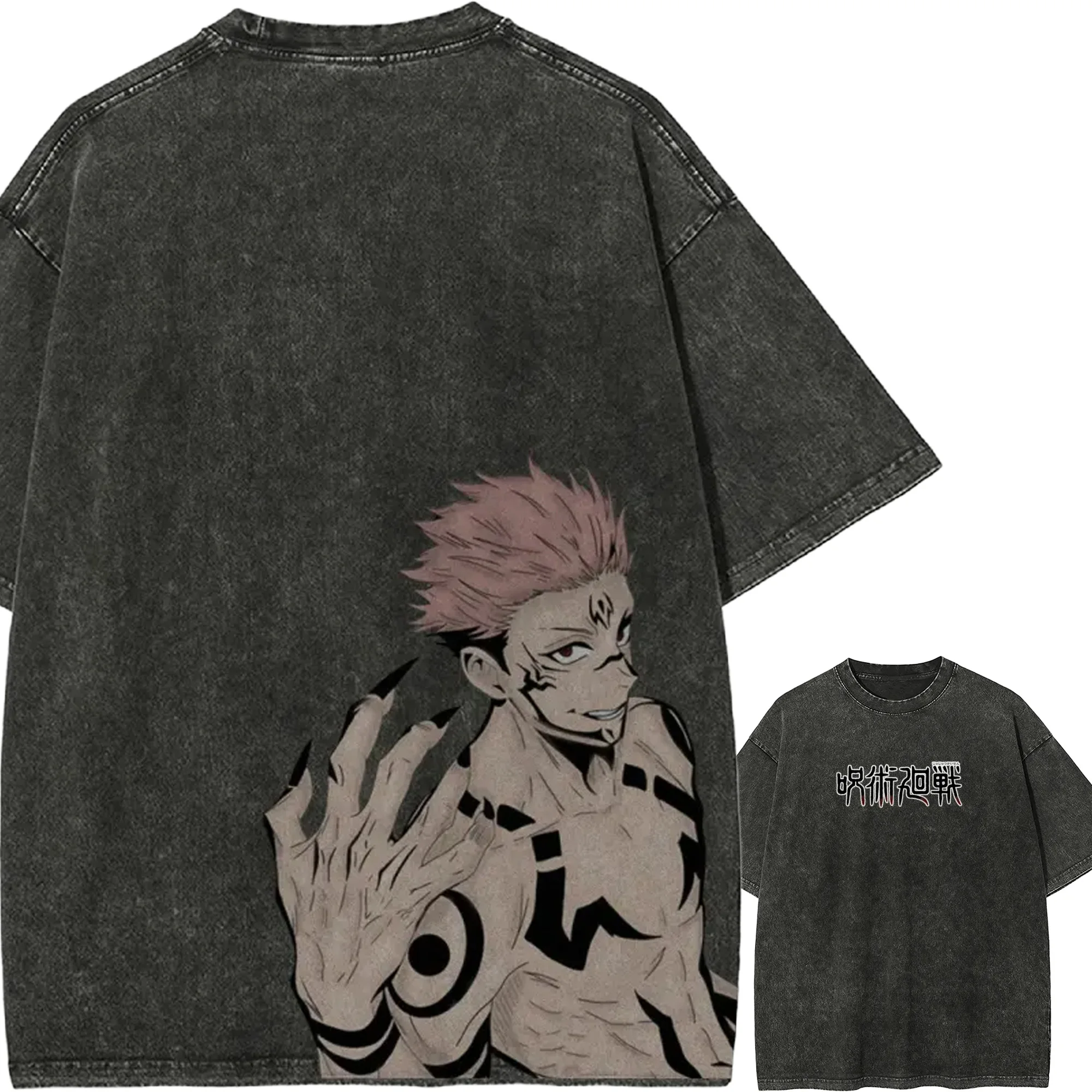 Jujutsu Kaisen T-Shirt für Herren Acid Wash Ryomen Sukuna Klauenhand Sukuna Muskeln Körper Verfluchtes Zeichen Anime Tee