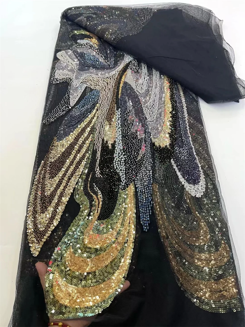 

Luxury African Lace Fabric 5Yard High Quality 2025 Black Beaded Lace Fabric Fashion Sequin African Lace Fabric for Women Q524 -1