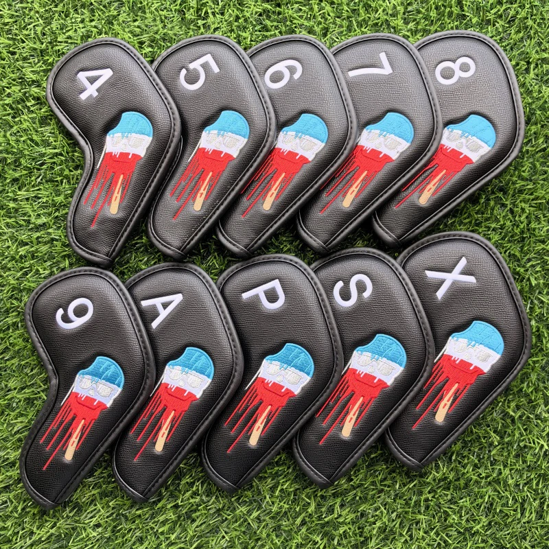 Cartoon skull Golf Iron Cover Cover Irons Club PU Leather Golf Head Cover Golf Accessories Hook and loop closure 10 Piece Set