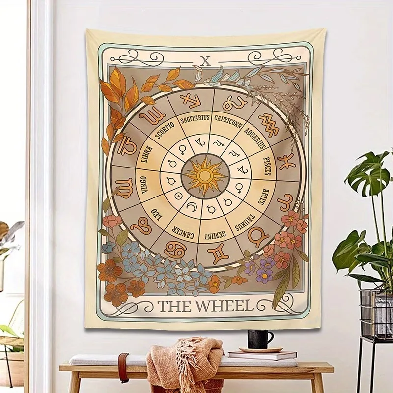 VIKAMA The Wheel of Fortune Tarot Tapestry Vintage Zodiac Wall Hanging Occult Mystic Art for Bedroom Home Decor