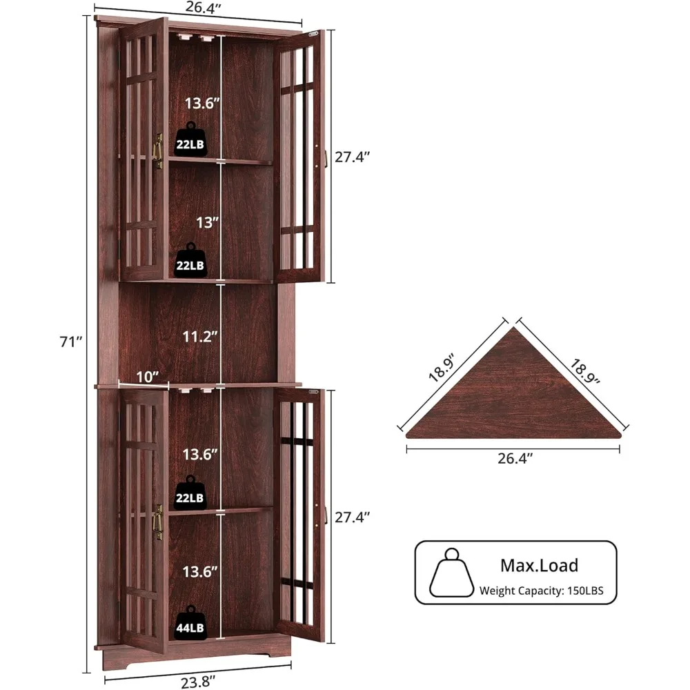 

Corner Cabinet, 71 Inches Tall, with 4 Glass Doors and 5 Shelves, Medieval Style Design