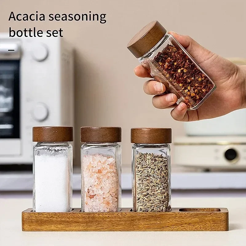 4pcs/set 200mL Glass Wood Lid Seasoning Jars with Wooden Base Can Hold Spices Salt Pepper Household Kitchen Seasoning Tools