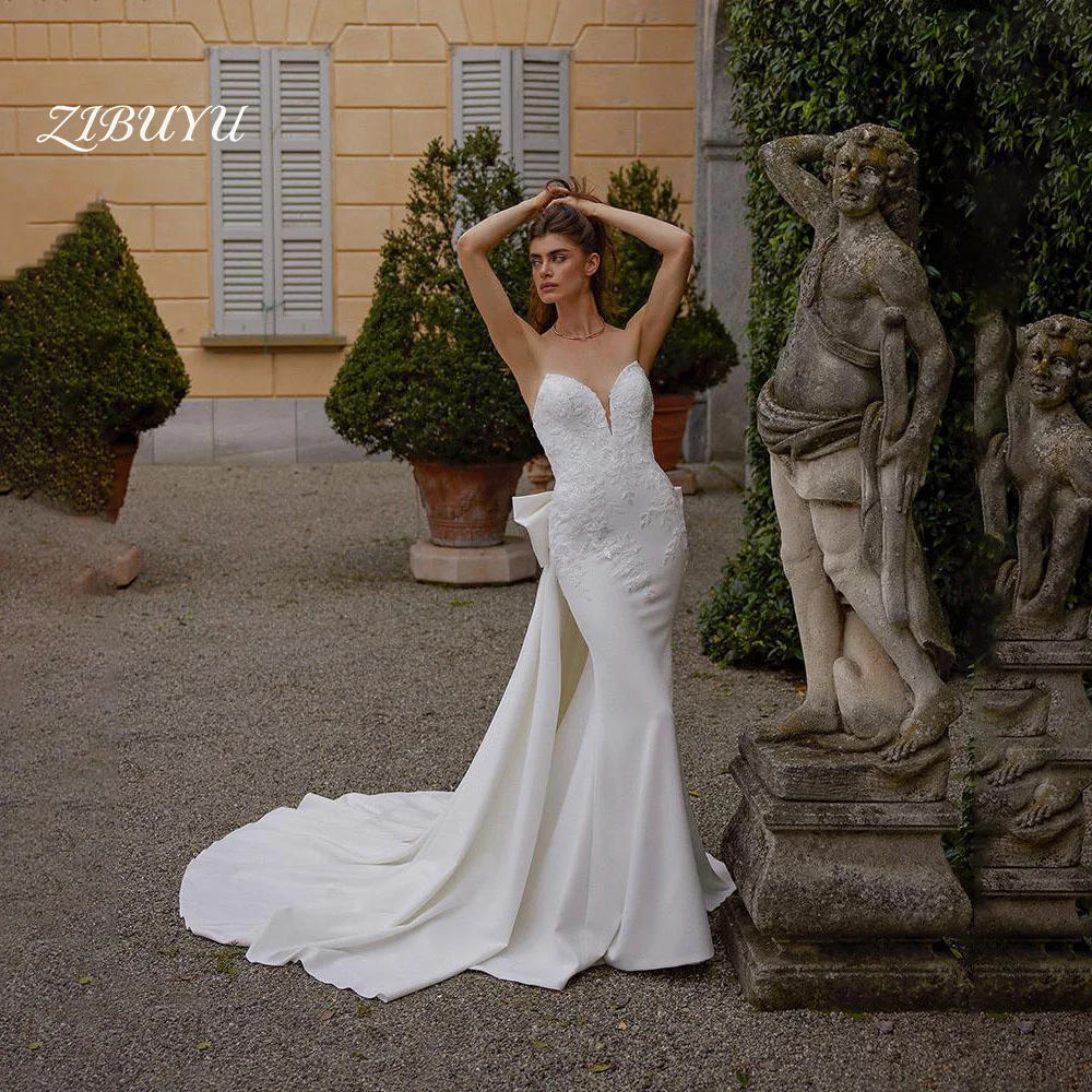 

ZIBUYU Customize Luxury Wedding Dress 2026 Sweetheart Sleeveless Lace Applique Bodice Back Large Bow Satin Mermaid Bridal Gowns
