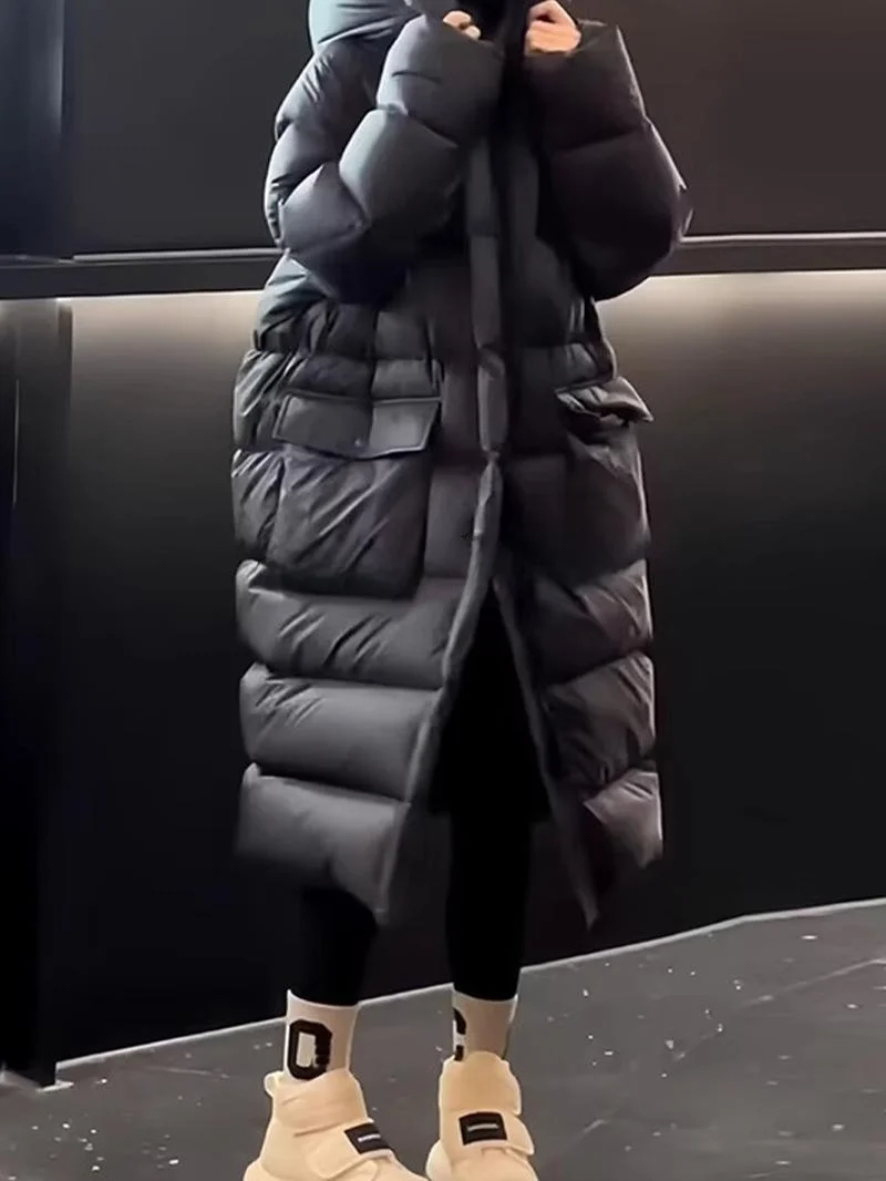 

Женская удлиненная куртка ROUJE KEFSS90 с капюшоном, на утином пуху, с длинными рукавами, для фигуры типа «песочные часы» и «груша», осень-зима