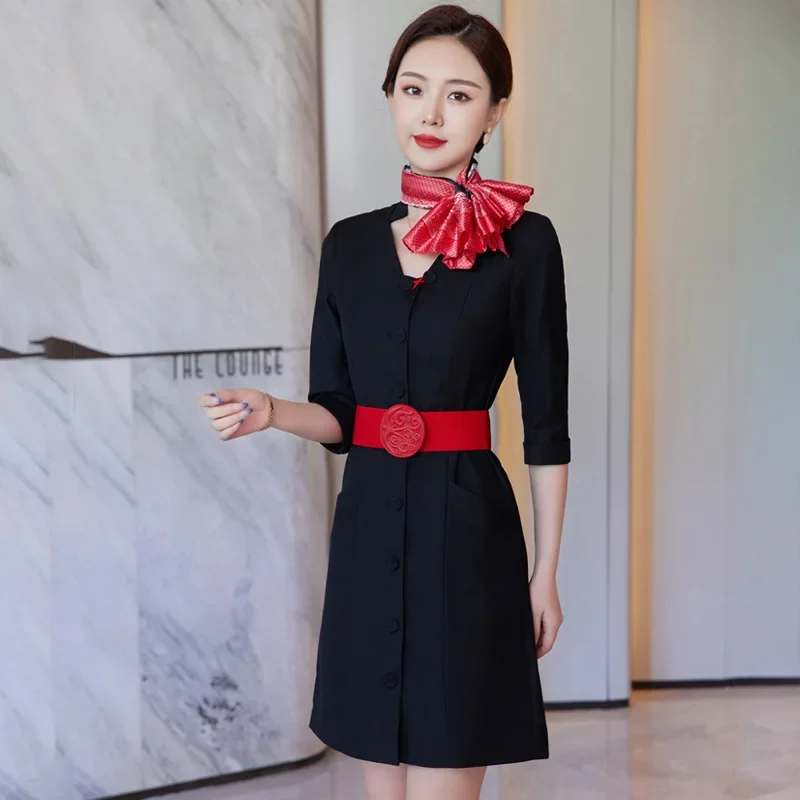 航空スチュワーデス高級制服と帽子夏のファッション七分袖ローブドレス客室乗務員面接作業服