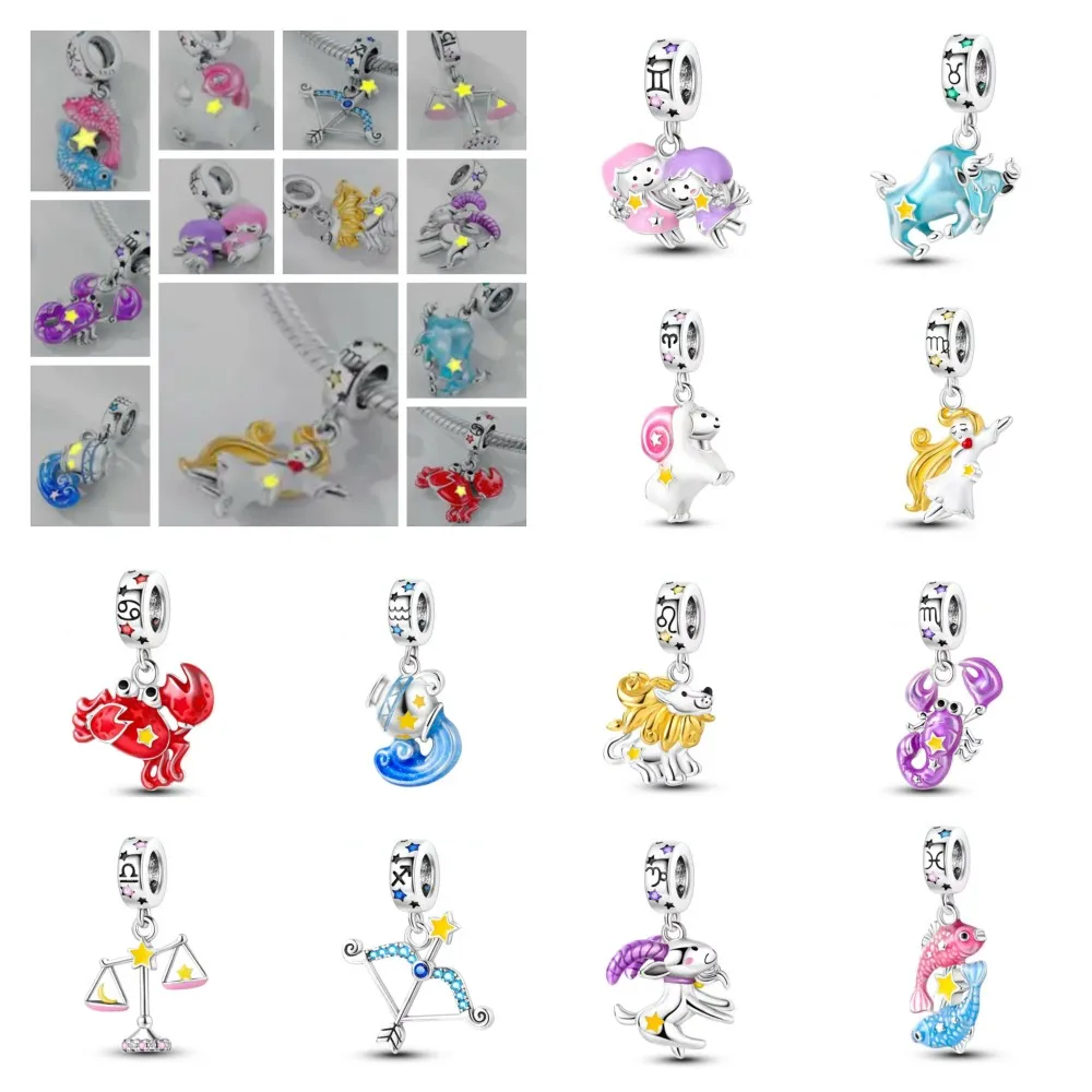 Amuletos luminosos de 12 constelaciones de plata 925 fina a la moda, aptos para Pulsera Original, colgante para cáncer, Escorpio, Acuario, Toro, Virgo, Piscis