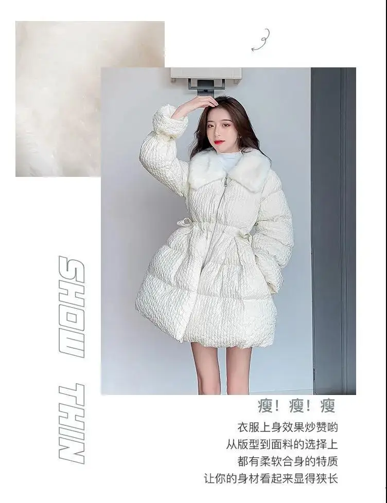 Korean Sweet Mid-Length Padded Coat for Women Winter Doll Collar Waist-Cinching Puffer Parkas Woman A Line Fluffy Quilted Jacket