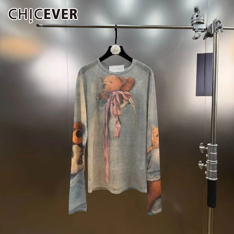 CHICEVER Hit Color Spliced Printing T Shirt Female O Neck Long Sleeve Loose Basics Streetwear Women's T Shirts Fashion Autumn
