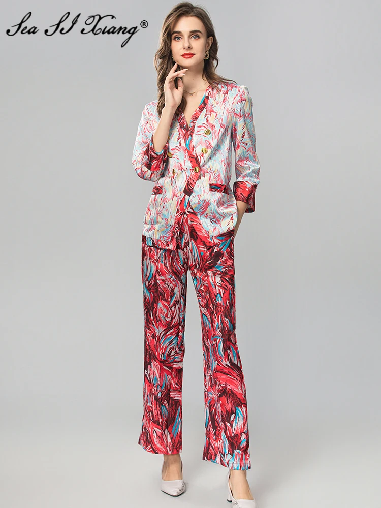 

Seasixiang Fashion Designer Autumn Print Suit Women's V-Neck Single Button Coat + Long Pants Office Lady Two Piece Set