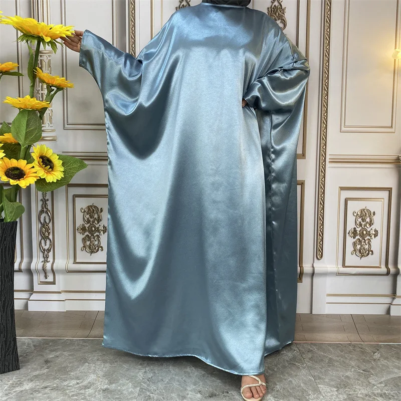 Simple Shiny Satin Round Neck Islamic Robes Middle East Abaya for Women Muslim Dress Modest Colthing Vestido Longo Feminino