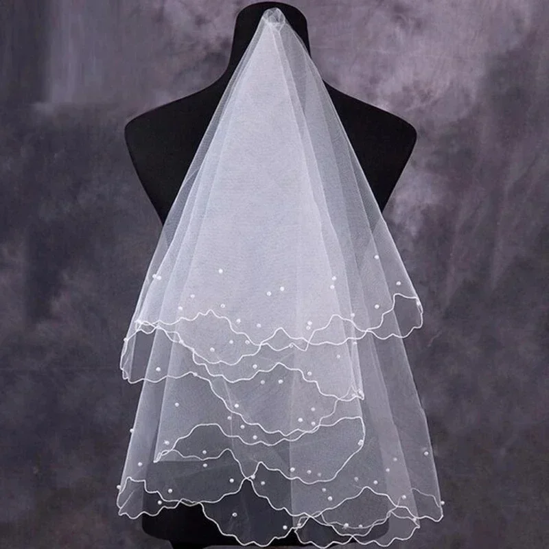 Bridal Pearl Wedding Dress Veil Layers Tulle Ribbon Edge Women Accessories