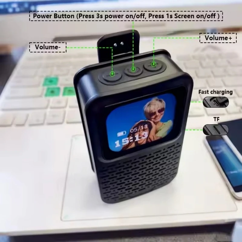 V9 스피커 마그네틱 백 클립 스마트 HD 화면 BT5.4 스피커 음악 무선 지원 TF LED 고음량 오디오 MP3 플레이어