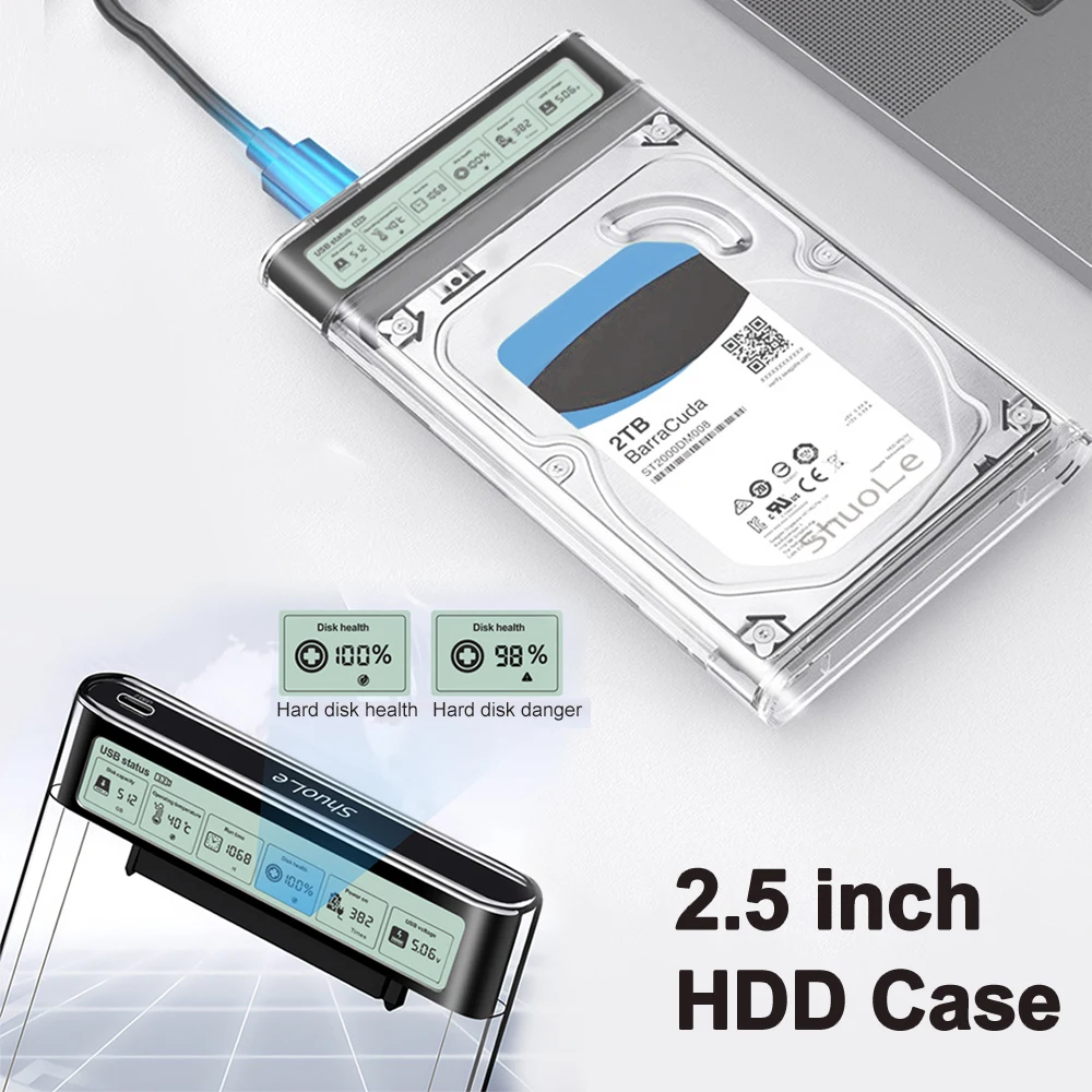 

2.5'' USB3.2 External HDD Case Smart Display External SATA HDD Enclosure 5Gbps Transparent Hard Disk Case StorageCase for Laptop
