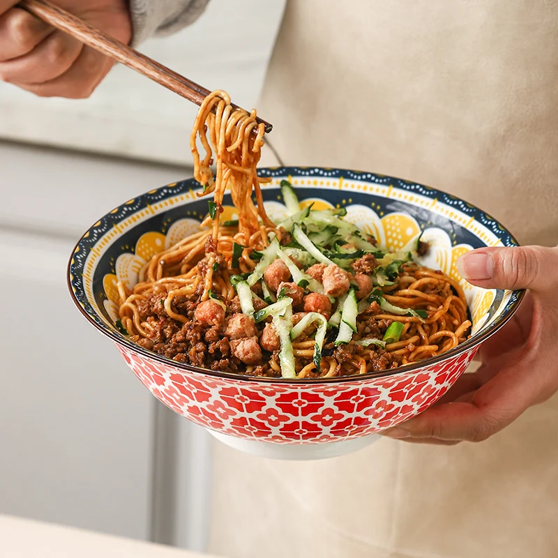 مجموعة أوعية حساء سيراميك بوهيمية مكونة من 4 قطع، آمنة للاستخدام في الميكروويف وغسالة الأطباق مقاس 8 بوصات، وعاء سلطة معكرونة رامين