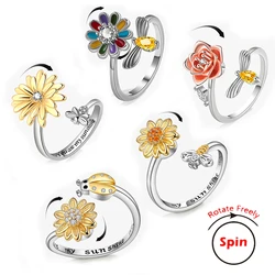 Exquisite Spinning Sunflower Bee Anxiety Ring For Women Adjustable Fidget Spinner Rings Wedding Jewelry Summer Design Anillos