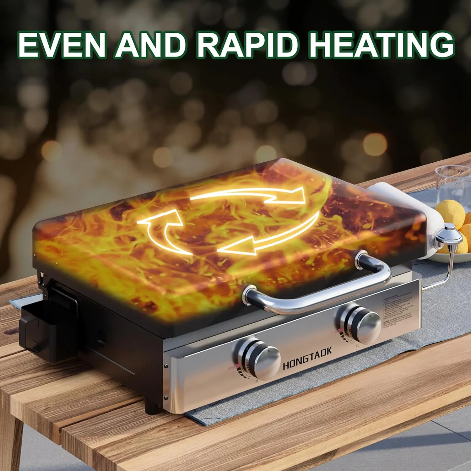 شواية غاز البروبان المحمولة مقاس 23 بوصة مع مقلاة خبز وغطاء مطلية بالسيراميك غير لاصق، سطح طاولة خارجي 2 شعلة بروبان