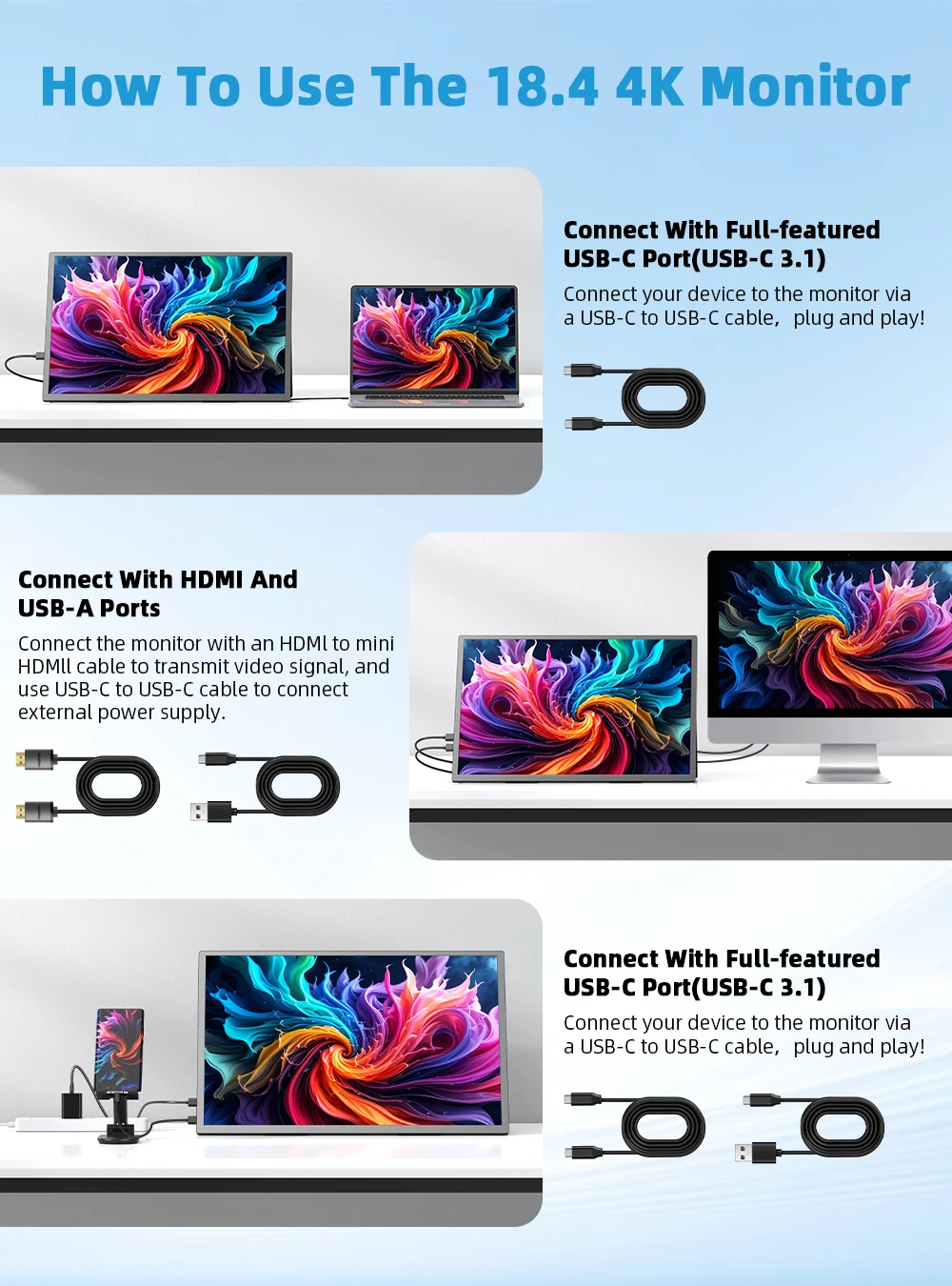 UPERFECT 18.4 polegadas 4K QLED Monitor portátil para jogos Exibição de computador Ultra-fino Estender tela para PS5/4 Switch Laptop PC Mac Xbox