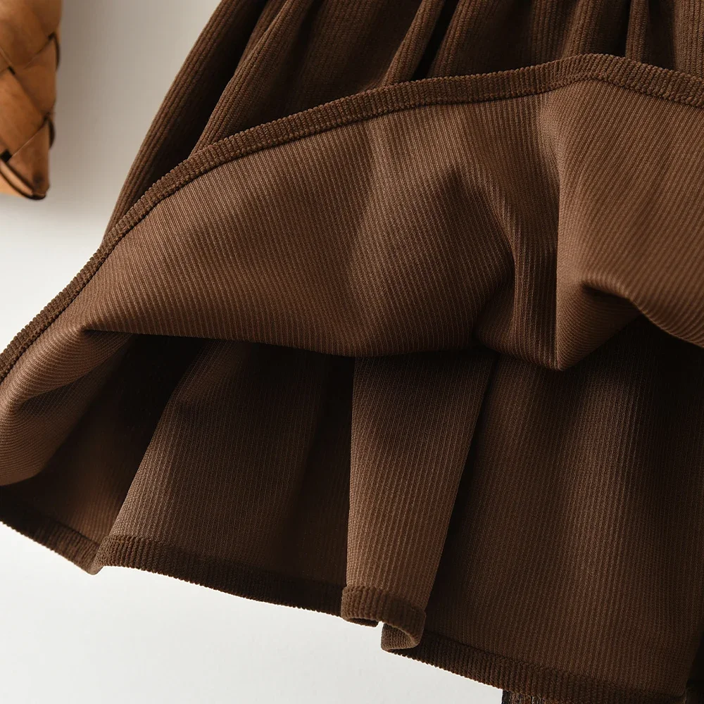 Bear Leader Modische Süße Herbstkleidung für Mädchen im College-Stil, 2-teiliges Set: Beige Langarm-Hemd mit Stickerei + Brauner Kurzer Rock – Detail 9