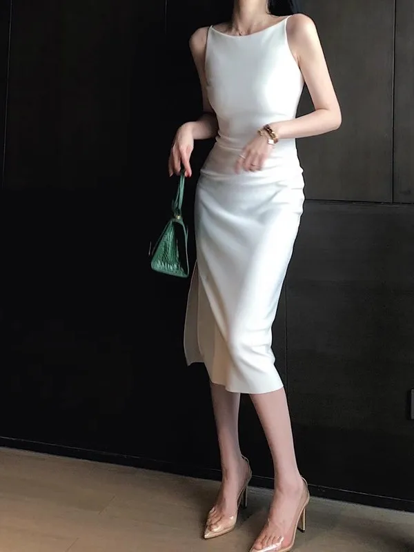 

Ele Bla White Strapl Slim Fit Dr Commute High Waist Summer Midi Skirt H-ape Pure Color Zipper Women's Faion