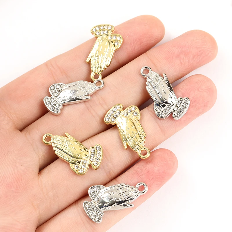 10pcs Creative Praying Hands Charms Metal Rhinestone Religious Namaste Pendant for Jewelry Making DIY Necklace Bracelet Supplies