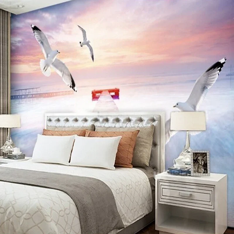 Dreamy blue sky white clouds seagulls beach 3D TV bedroom internet-famous background wall