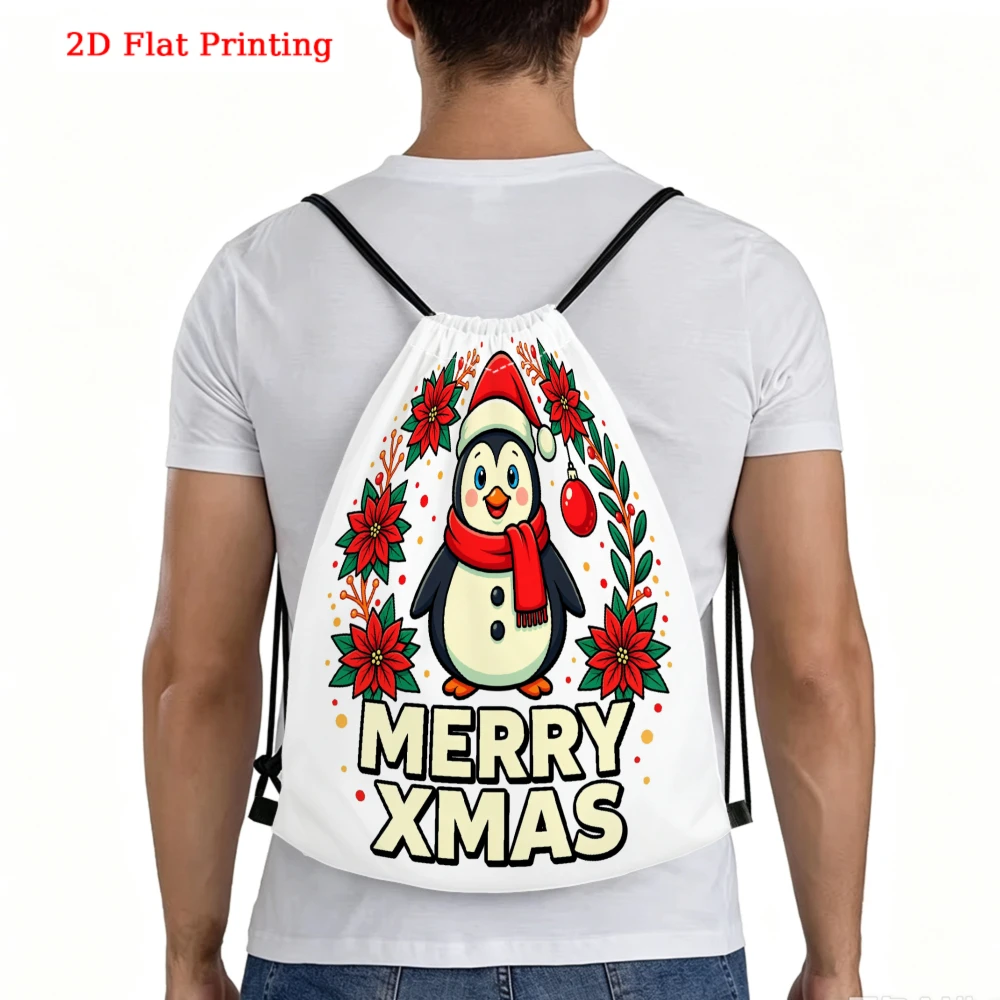 Christmas Penguin 2D Flat Print Drawstring Backpack Fitness Sports Outdoor Travel Bag