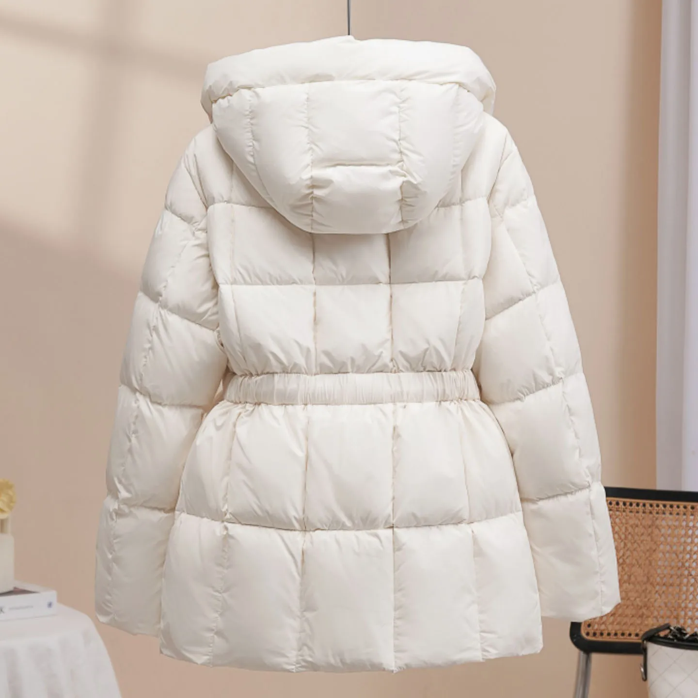 Dames A-lijn donsjack met capuchon Winter effen kleur gewatteerd trekkoord bladerdeegjas Koreaanse mode elegante vrouwelijke dikkere overjas