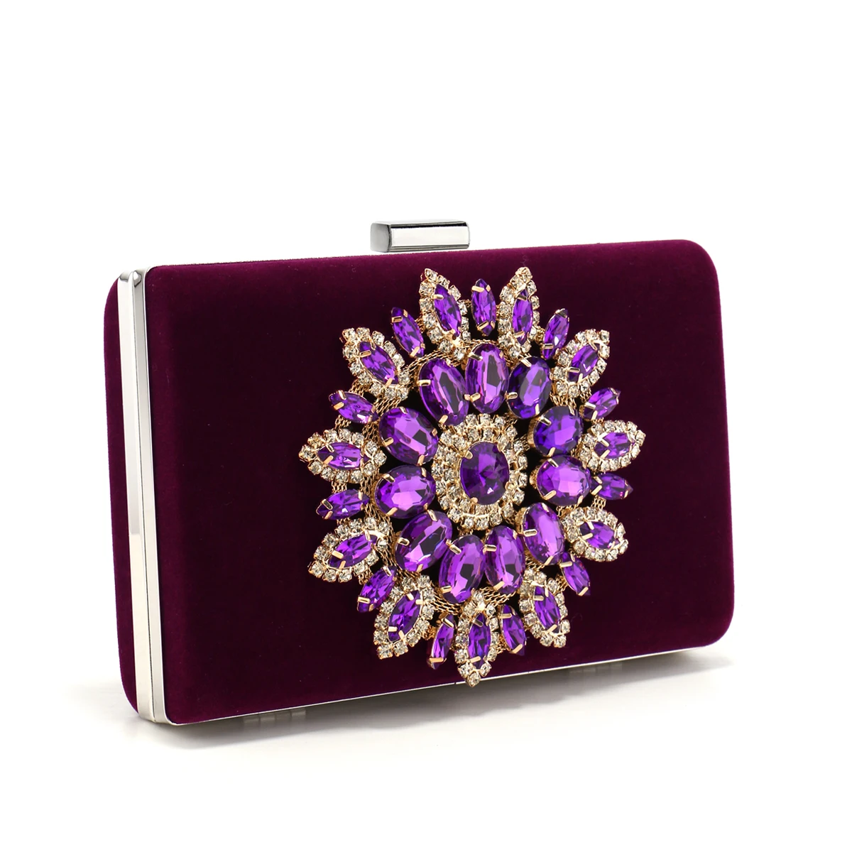 Purple Color Women Evening Bags Flower Rhinestones Luxury Clutch Bag Velvet Flap Fashion Design Party Event Diamonds Shoulder Ch