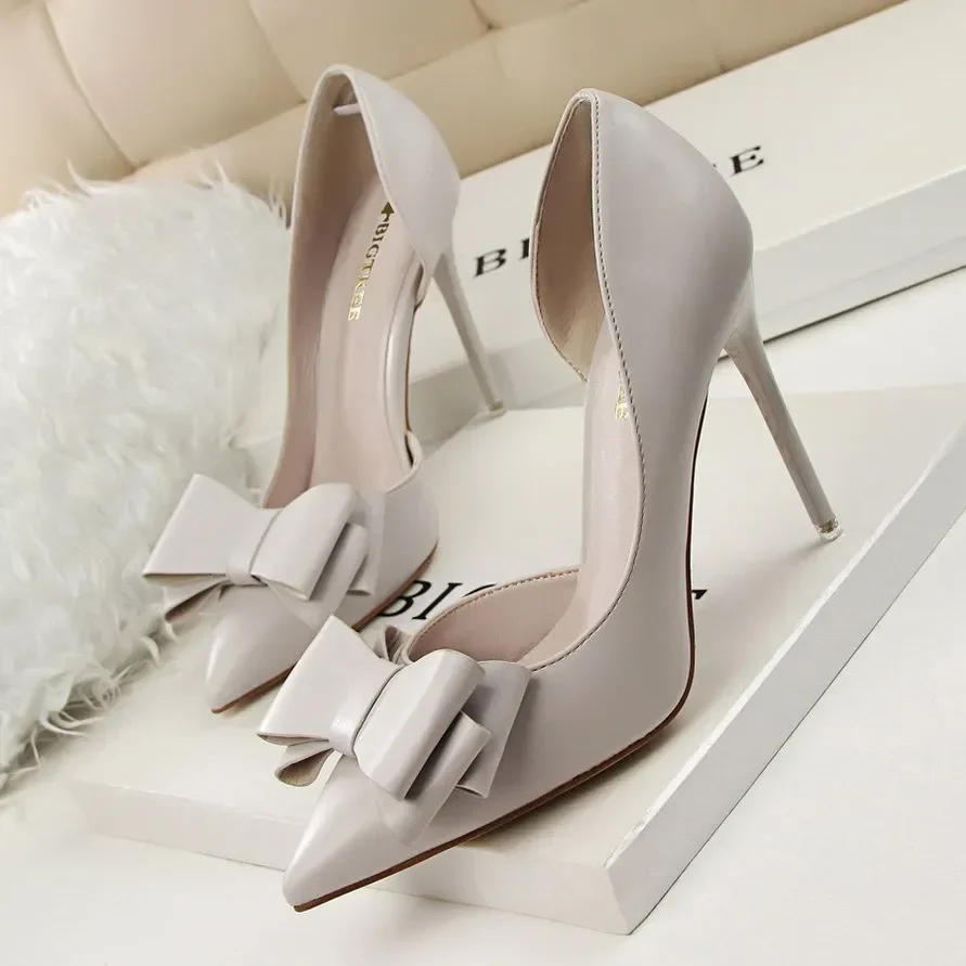 10.5cm salto coreano moda feminina sapatos de casamento arco salto alto stiletto rasa apontou cabeça lado vazio sapatos finos