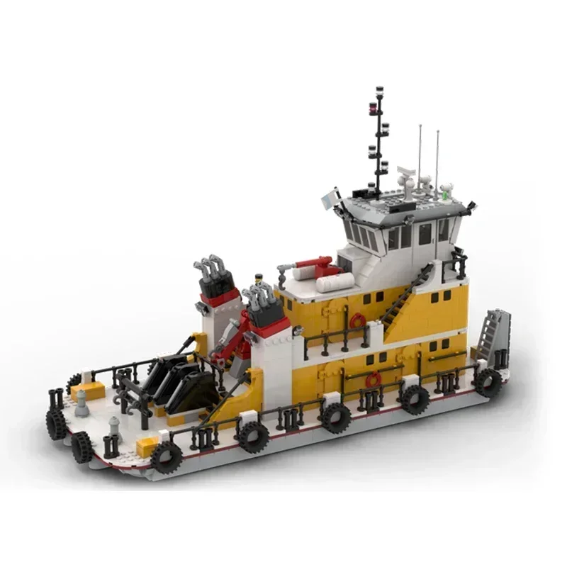 Moc อาคารอิฐเมืองพอร์ตเรือรุ่น Pusher Barge Tug Technology Modular Blocks ของขวัญของเล่นคริสต์มาส DIY ชุดประกอบ