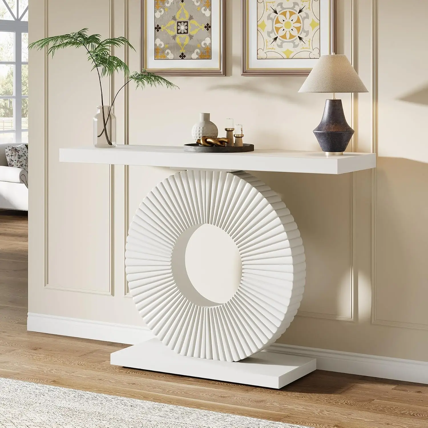 Narrow Console Table 39" Modern Geometric Base Sofa Table Small Accent Entryway Hallway Foyer Living Room White, Customized view 6