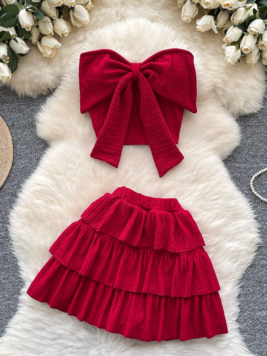 

Pure Desire Women's Summer Outfit High Waist Ruffle f Skirt Set Svel Tie Design Chest Top Faionable Ensemble