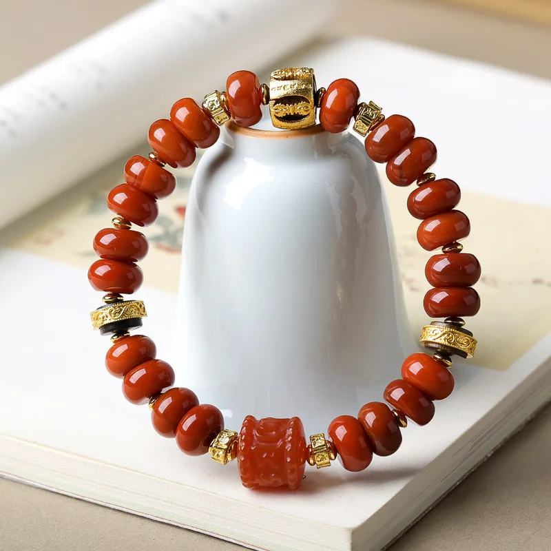 Southern Red Agate Abacus Bead Six-Syllable Mantra, Chinese Style Bracelet with Agarwood and Vajra