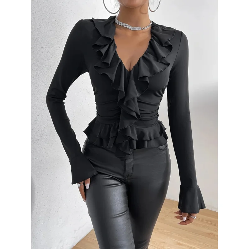 

Cross-Border Autumn Winter European and American Style New Women's Pleated Sexy ClothingVCollar Ruffled Solid Color Women's Top