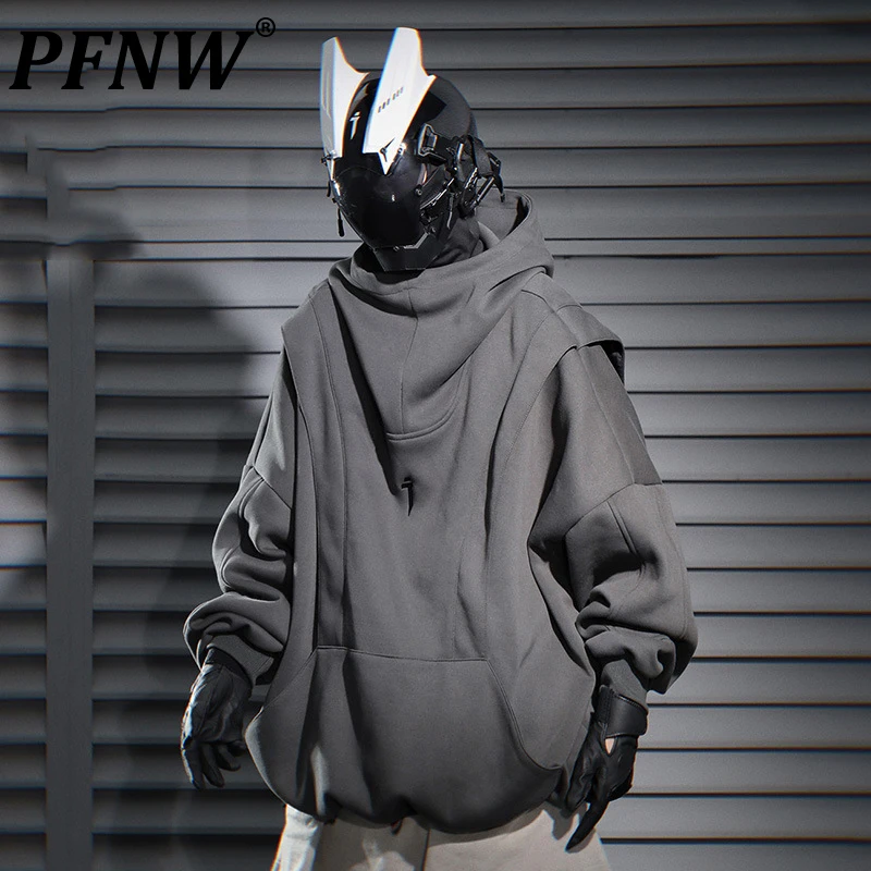 

PFNW Niche Urban Techwear Solid Color Fake Two Pieces Sweatshirts Mens Autumn Winter New Loose Casual Couple Hooded Top 12C1467