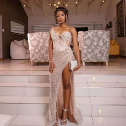 Sexy Beaded Aso Ebi Prom Dresses For Black Girls Homecoming Dress Strapless Side High Slit Black Girls Evening Dressing Gowns