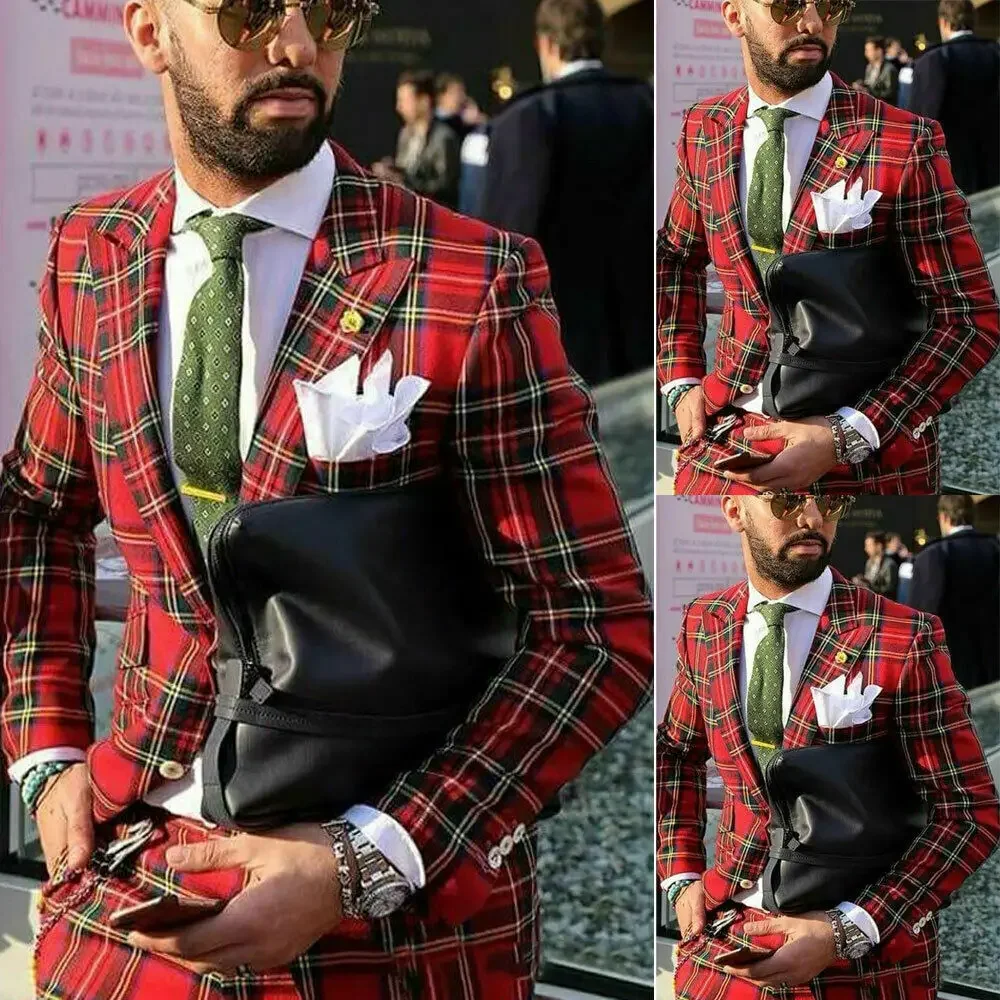 

Latest Red Plaid Men's Wedding Set for Bridegroom Groom Slim Fit Wear Two Pieces Jacket And Trousers