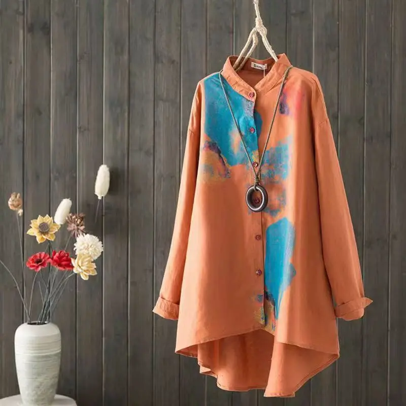 

Loose Fit Long Sve Cotton Linen irt Stand Collar Mid-Length Slimming Brand Women's Faion Trousers Commute Sle