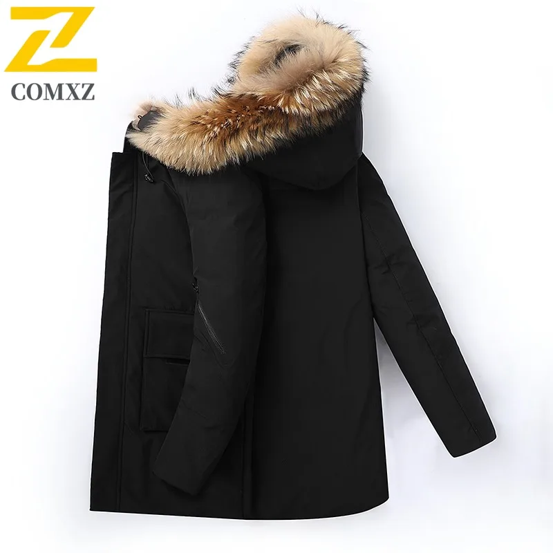

COMXZ Мужская хлопковая куртка премиум-класса с меховым воротником и капюшоном, ветрозащитная парка для работы на открытом воздухе, однотонная дорожная легкая зимняя хлопковая куртка