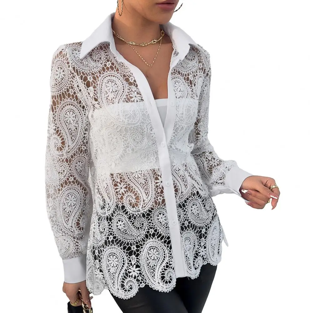 

Women Shirt Hollow Out Lace Loose Single-breasted Turn-down Collar Long Sleeve See-through Commute Top