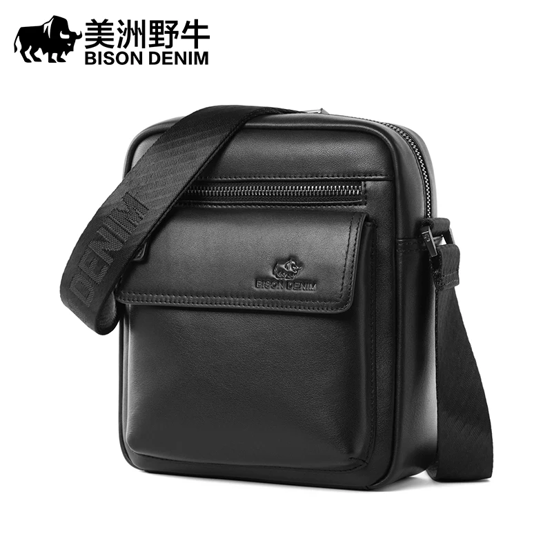 BISON DENIM Classic Black Male Bag Genuine Leather Business Crossbody Bag iPad Mens Messenger Bag Casual Bolsas Male N2845 2023