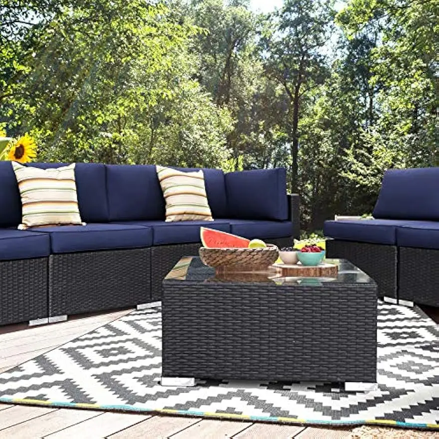 Outdoor Pátio Rattan Sofá, Sets Móveis secionais, Tecelagem manual, Wicker Conversa Set, Almofadas e Mesa de Vidro, 7PCs